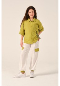 Resim Genç Kız Çocuk Aksesuar Detaylı Cepli Kısa Kollu Gömlek Yağ Yeşili 