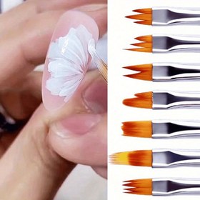 Resim 8 Parça Tırnak Fırçası Seti - Gradyan ve Çiçek Deseni, Pembe Ahşap Sap, Akrilik Fransız Tırnak Araçları 