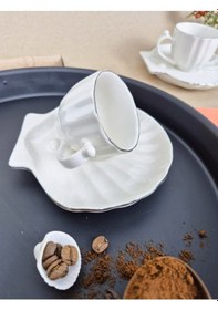 Resim Elta Collection 2 Kişilik Porselen Türk Kahve Fincan Takımı İstiridye Desenli Tabak Gerçek Gümüş Yaldızlı Gümüş 2 Li 