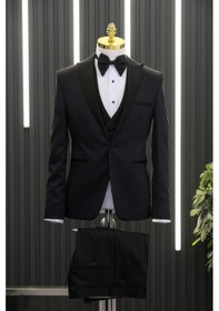 Resim Slimfit Skinny Kesim Desenli Sivri Sabit Yaka Yelekli Papyonlu Smokin Takım Elbise 001 