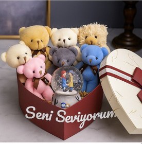 Resim Sevgiliye En Tatlı Hediye Seti Peluş Ayıcık Kalpli Kutuda 7 Mini Peluş Ayıcık Işıklı Kar Küresi Seti 
