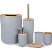 Resim Banyo Aksesuarları Set 6 Parça Bambu Oda Seti Diş Fırçası Tutucu Sabun Dağıtıcı Tuvalet Fırçası Çöp Kutusu Banyo Temel Seti | Banyo Donanım Setleri (Gri)(Yurt Dışından) 