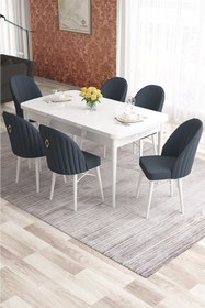 Resim Canisa Elf Serisi 80x132 Açılabilir Beyaz Masa Takımı 6 Krem Sandalye Gold Halkalı 