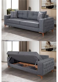 Resim Nola Üçlü Kanepe & Bazalı Yataklı Koltuk - Antrasit Keten Kumaş 