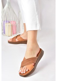 Resim Fox Shoes Taba Hakiki Deri Çapraz Bantlı Kadın Terlik M291049903 
