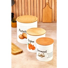 Resim 3 Katlı Ahşap Kapaklı Metal Patates Soğan Kovası - Sebzelik - Patates Soğanlık Sepeti Krem 