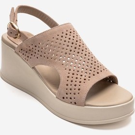 Resim Luvishoes Jadıra Bej Süet Hakiki Deri Delikli Kadın Dolgu Topuklu Sandalet 