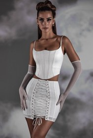 Resim Beyaz Bağcıklı Mini Etek - S 