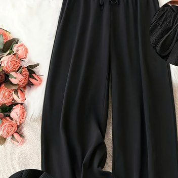 Plus Beden Kadınlar İçin Esnek Bel Geniş Paça Ev Pantolonu - Düz Renk Rahat Kesim, Makinede Yıkanabilir Her Mevsime Uygun Konforlu Kumaş, Nefes Alabilen Kıvrak Kumaş, Rahat Stil, Evde Giyim için Şık ve Konforlu Alt Giysi