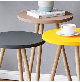 Resim İntergo Renkli Üçlü Zigon Sehpa Ahşap Ayaklı Yuvarlak Pastel Tasarım Cappuccino-Gri-Sarı 