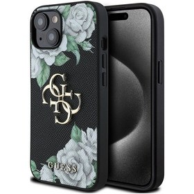 Resim İphone Uyumlu 15 Kılıf Guess Lisanslı Gül Baskılı Büyük Metal Logo Dizaynlı Kapak Siyah 
