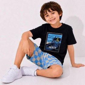 Resim Cg Kids Palmiye Baskılı Siyah T-shirt Ve Damalı Şortlu Erkek Çocuk Alt Üst Takım - Pamuklu Yazlık Ço 