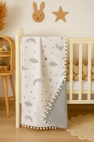 Resim BeygeBaby %100 Pamuktan Gri Bulutlu Müslin Çift Kat Pike Örtü 110x100 Ölçülerinde 