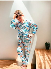 Resim Lolliboomkids Yeni Sezon Erkek Çocuk Düğmeli Gömlek Yaka Pijama Takımı Shark / Deniz Canlıları Desenli Mavi 