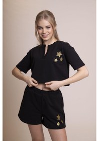 Resim Afloow Delicate Kadın Siyah Crop Tişört - Altın Yıldız Baskılı, Rahat Kesim, Şık Ve Spor Kombinler İçin Siyah 