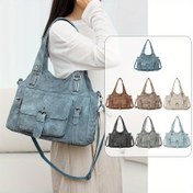 Resim Vintage Tarzı Kadın Tote Çantası, Çıkarılabilir Omuz Askısı, Sentetik Deri, Çoklu Bölmeler, Fermuarlı Kapatma – Açık Mavi/Gri/Mavi/Siyah/Kahverengi/Bej 