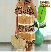 Resim Turuncu Yaz Modası V Yaka Elbise Bayan Kısa Kollu Mavi Leopar Desenli Baskılı Elbise Bol Günlük Elbise Kadınlar İçin Turuncu 