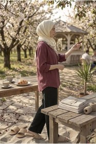 Resim miremiran Tesettür yakası kapanır Doğal Keten Kumaş salaş Kalıp Rahat Kesim gömlek BORDO 