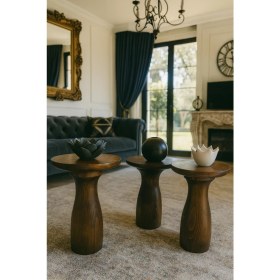 Resim Doğal Ceviz Renk Ahşap Mantar Sehpa Seti – 3’lü Zigon Fiskos Takımı 