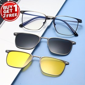 Resim Yeni Üçü Bir Arada Manyetik Çok Fonksiyonlu Kombinasyon Gözlük, Altın Çerçeve ile, Unisex, Zarif Gözlük Hediye Kutusu Ambalajı ile, Günlük, Seyahat, Sürüş, Balıkçılık, Bilgisayar Gözlükleri, Mavi Işık Gözlükleri için Uygun. 