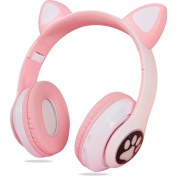 Resim GK Creative Kedili Patili Kulaküstü Bluetooth Kulaklık Cat Kadın Kız Yetişkin Mikrofonlu Işıklı Kablosuz Kulaklık + Aux 
