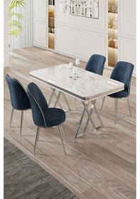 Resim Canisa Vals Serisi 80x130 Lak Panel Beyaz Mermer Desen Masa Takımı Krom Ayaklı 4 Antrasit Sandalye Masa Beyaz Mermer Desen Sandalye Antrasit 