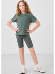 Resim Açık Yeşil Pamuklu O Yaka Oversize Fit Basic Kız Çocuk T-shirt - 75182 Yeşil 