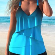 Resim Asimetrik Katlı Fırfırlı Ombre Camgöbeği Mavi 2 Parça Set Tankini, V Yaka Orta Streç Rahat Mayo, Kadın Mayo ve Giyim 