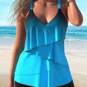 Resim Asimetrik Katlı Fırfırlı Ombre Camgöbeği Mavi 2 Parça Set Tankini, V Yaka Orta Streç Rahat Mayo, Kadın Mayo ve Giyim 