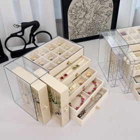 Resim 2 Asma + 5 Katlı Büyük Kapasiteli Şeffaf Masaüstü Çekmeceli Takı Organizatörü - Çok Katmanlı Tasarım, Bilezik ve Kolye Saklama Kutusu, Birden Fazla Bölme ile Saat Tutucu, Yüzük Kutusu, Küpe Saklama Rafı, Yumuşak Astarlı Kolye ve Bileklik Saklayıcı, Vanity veya Masa için Uygun Klasik Stil, Minimalist Görünüm, Takı Sandıkları 