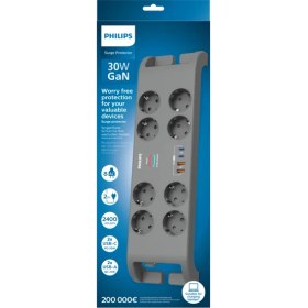Resim Philips SPN8180GA Akım Korumalı Priz 8'li + 2x Usb-A 18W + 2x Usb-C 20W - 2m Kablo - Siyah 