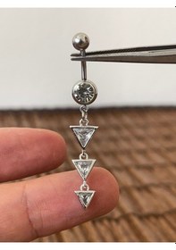 Resim 316 L Cerrahi Çelik Zirkon Taşlı Pırlanta Modeli Parlak Göbek Piercingi Gümüş 