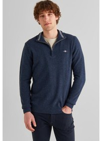 Resim Erkek Regular Fit Yarım Fermuarlı Yün Kazak - Lacivert Dark Navy Melange 