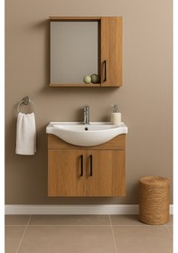 Resim Lacrime 65 Cm Ahşap Renkli Mdf, Oval Seramik Lavabolu, Alt Ve Üst Ahşap 