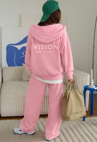 Resim Kadın Oversize Eşofman Takımı Vision Baskılı Pembe - Kapüşonlu Fermuarlı, Bağcıklı Bel, Boru paça - L / PEMBE 
