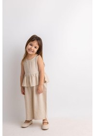 Resim Oliven The Kid Oliventhekid Beli Volanlı Sırtı Düğmeli Kolsuz Keten Kız Çocuk Tulum Bej Bej 