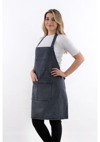 Resim Ayarlanabilir Askılı Kot Mutfak Önlüğü Gri 