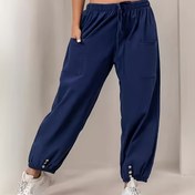 Resim 1 adet Kadın Deniz Mavi Geniş Bacaklı Joggers - Bağcıklı Bel, Büyük Cep Detayları ve Düğme Detayları ile Rahat Bol Kesim, Rahat, Bahar / Sonbahar, Jogging Pantolonu 