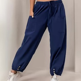 Resim 1 adet Kadın Deniz Mavi Geniş Bacaklı Joggers - Bağcıklı Bel, Büyük Cep Detayları ve Düğme Detayları ile Rahat Bol Kesim, Rahat, Bahar / Sonbahar, Jogging Pantolonu 