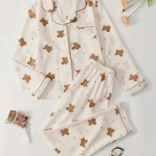 Resim 2'li Kadın Uzun Kollu Üst & Pantolon Günlük Pijama Takımı, Sonbahar Gevşek Fit Ayı Baskılı Ev Giyimi Takımı, İç ve Dış Mekanlar İçin Uygun 