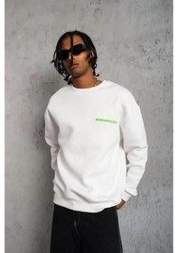 Resim Erkek Oversize Sweatshirt - Beyaz Renk Ön Ve Sırt Baskılı, Üç İplik İçi Pamuklu Kumaş, Rahat Kalıp, Ribanalı Kışlık Sweat Winagain Polizei Serisi - Beyaz Siyah 