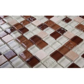 Resim Tezgah Arası 8 mm Kristal Cam Mozaik Kahverengi Bej Mermer 1 Kutu = 0,54 M2 Fiyatıdır 