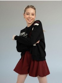 Resim Kız Çocuk Asimetrik Kesim Güpür Detaylı Oversize Tasarım Sweatshirt-16767 Siyah 