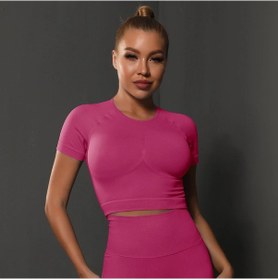 Resim Rooftrellen Kadın Dikişsiz Spor Tişört - Yoga Ve Fitness İçin Kısa Kollu Egzersiz Üstümavi Mavi 