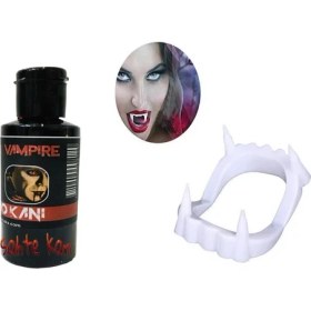 Resim Beyaz Renk Çift Damak Takma Vampir Dişi ve 50 gr Tiyatro Kanı Set 
