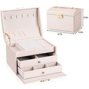 Resim Kadınlar İçin Mücevher Kutusu, Birinci Sınıf Pu Deri, Kilitli 3 Katlı Orta Boy Mücevher Saklama Kutusu. Taşınabilir Çok Renkli 