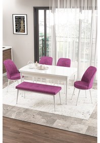 Resim Canisa Concept Zen Serisi 80x132 Mdf Açılabilir Beyaz Masa Takımı 4 Mor Sandalye Ve 1 Bench Masa Beyaz Sandalye Ve Bench Mor 
