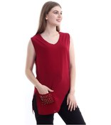Resim Kadın Bordo V Yaka Cep Ve Yırtmaç Detaylı Bluz Slf1246-Bordo 