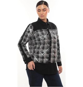 Resim Şık Ekose Detaylı Uzun Kollu Büyük Beden Kadın Gömlek Siyah 