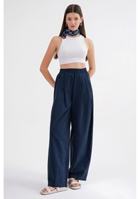 Resim Mixray 4682 Kadın Beli Lastikli Jogger Bol Keten Pantolon Lacivert 